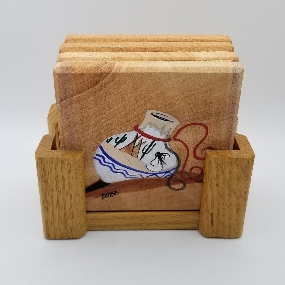 Drink Beverage Coasters Hand Painted Wood Holder Native American Southwest Set 4 - Picture 3 of 11